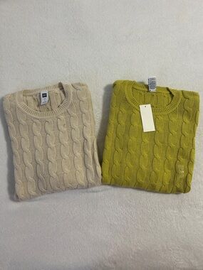 GAP Men's Cable Knit Crewneck Sweaters - Cream and Olive